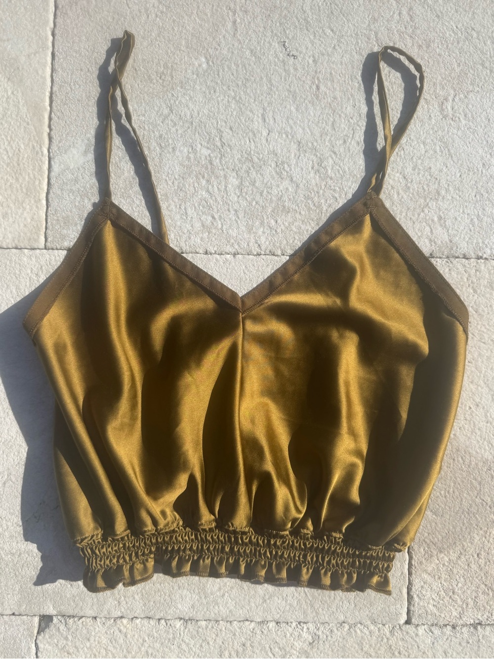 Zara Olive Bronze Satin Crop Top Ruffle Hem Cami Size M